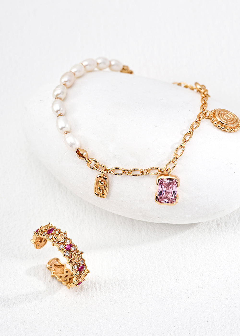 Natural Pearl, Healing Amethyst & Vintage Charms Bracelet | S925 Sterling Silver