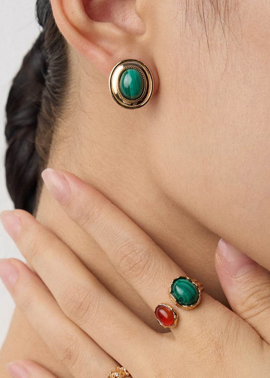 Natural Malachite Stud Earrings | S925 Sterling Silver