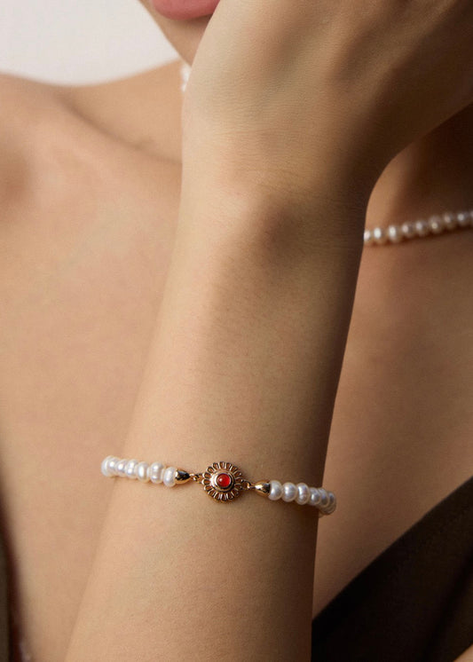 Natural Pearl & Red Agate Bracelet