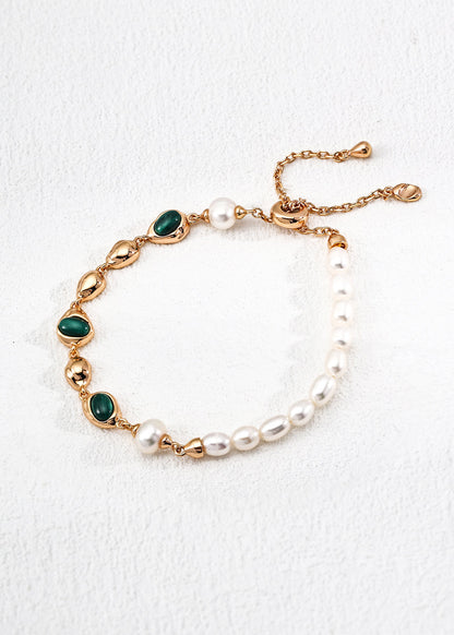 Natural Pearl, Malachite Bracelet | S925 Sterling Silver