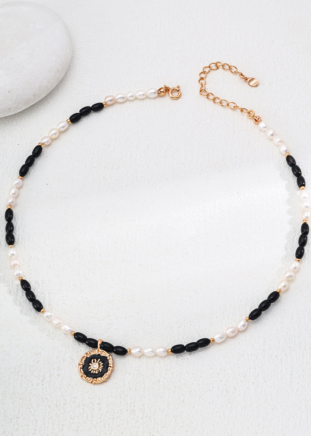 Natural Pearl, Black Onyx & Enamel Pendant Necklace | S925 Sterling Silver
