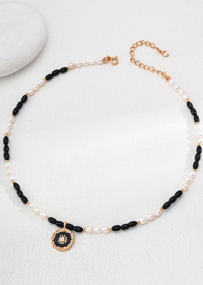 Natural Pearl, Black Onyx & Enamel Pendant Necklace | S925 Sterling Silver