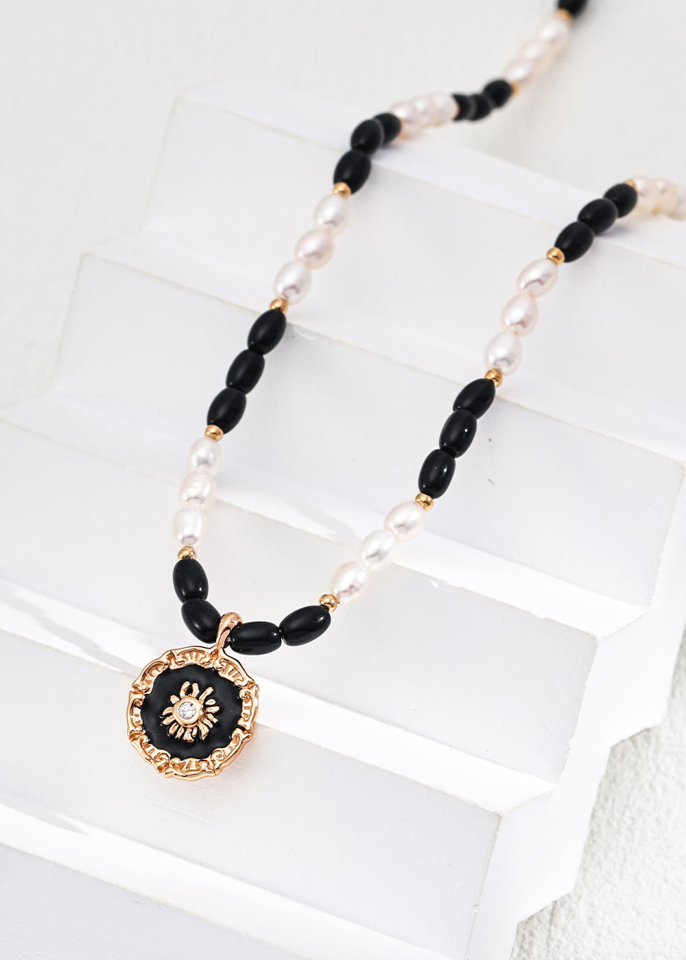 Natural Pearl, Black Onyx & Enamel Pendant Necklace | S925 Sterling Silver