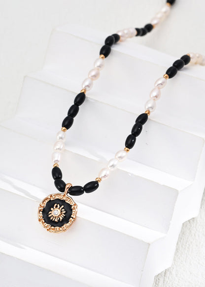 Natural Pearl, Black Onyx & Enamel Pendant Necklace | S925 Sterling Silver