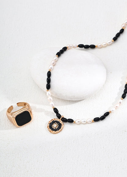 Natural Pearl, Black Onyx & Enamel Pendant Necklace | S925 Sterling Silver