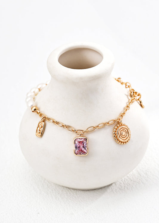 Natural Pearl, Healing Amethyst & Vintage Charms Bracelet | S925 Sterling Silver