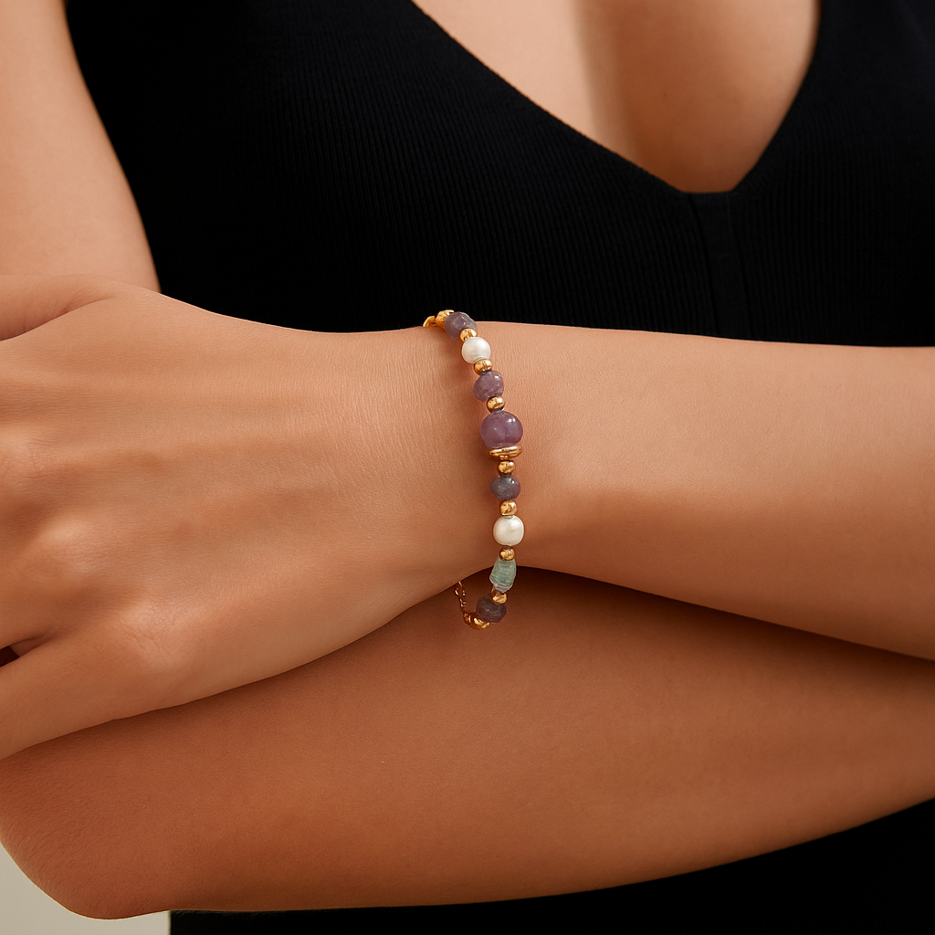 Solara natural pearl, energy crystal, 925 sterling silver bracelet on neutral background