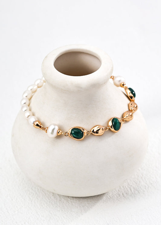 Natural Pearl, Malachite Bracelet | S925 Sterling Silver