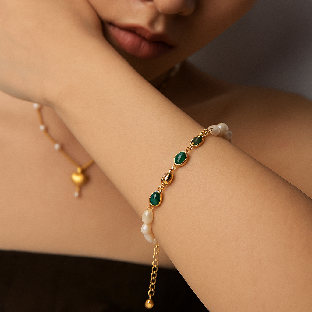 Natural Pearl, Malachite Bracelet | S925 Sterling Silver