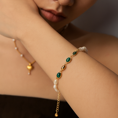 Natural Pearl, Malachite Bracelet | S925 Sterling Silver