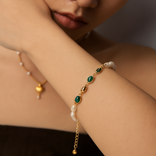 Natural Pearl, Malachite Bracelet | S925 Sterling Silver