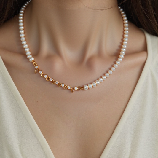 Natural Pearl, Zircon Necklace | S925 Sterling Silver