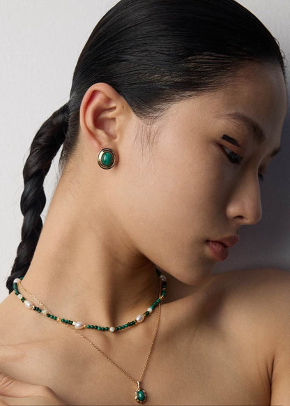 Natural Malachite Stud Earrings | S925 Sterling Silver