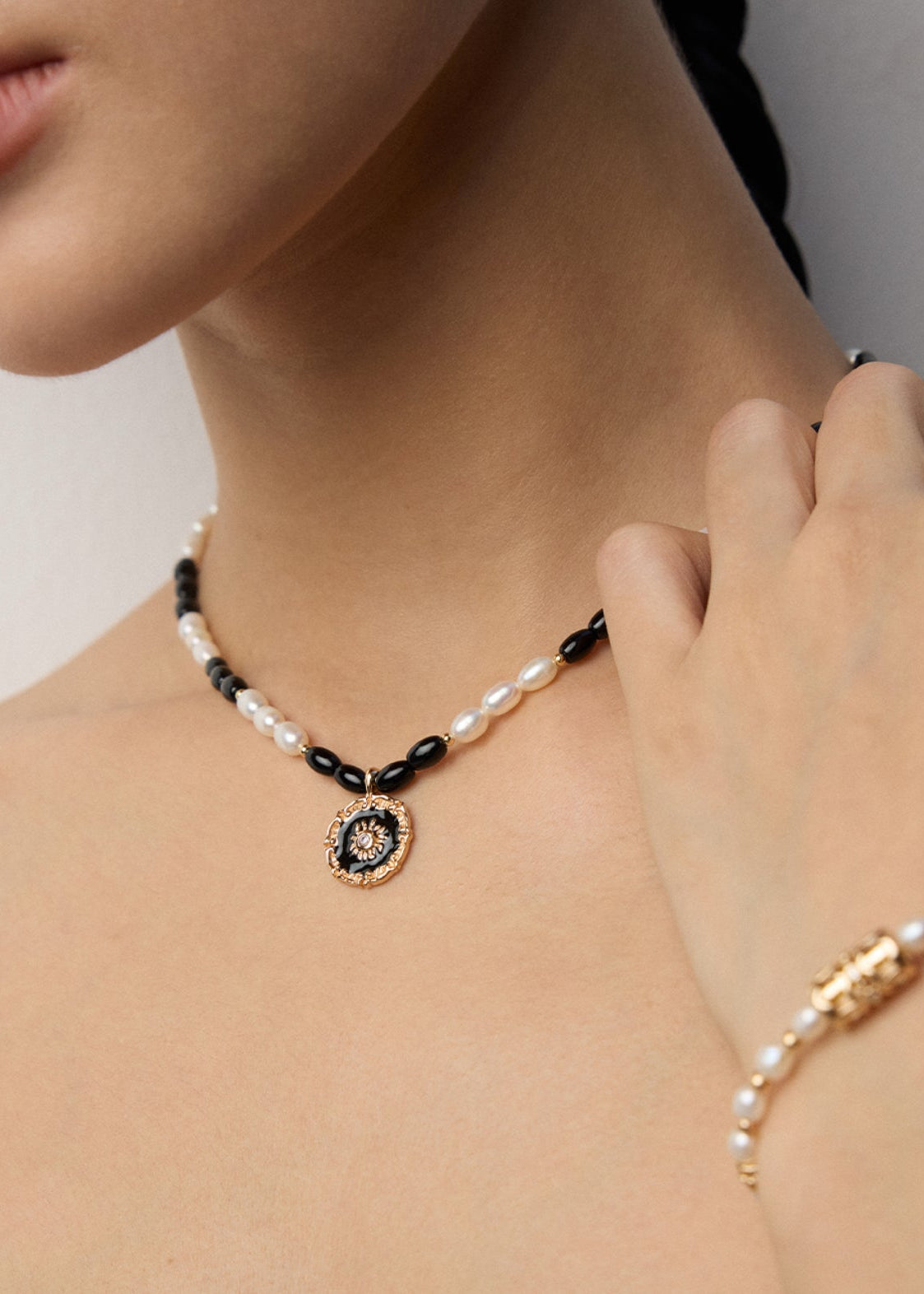 Natural Pearl, Black Onyx & Enamel Pendant Necklace | S925 Sterling Silver
