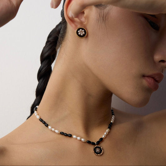 Natural Pearl, Black Onyx & Enamel Pendant Necklace | S925 Sterling Silver