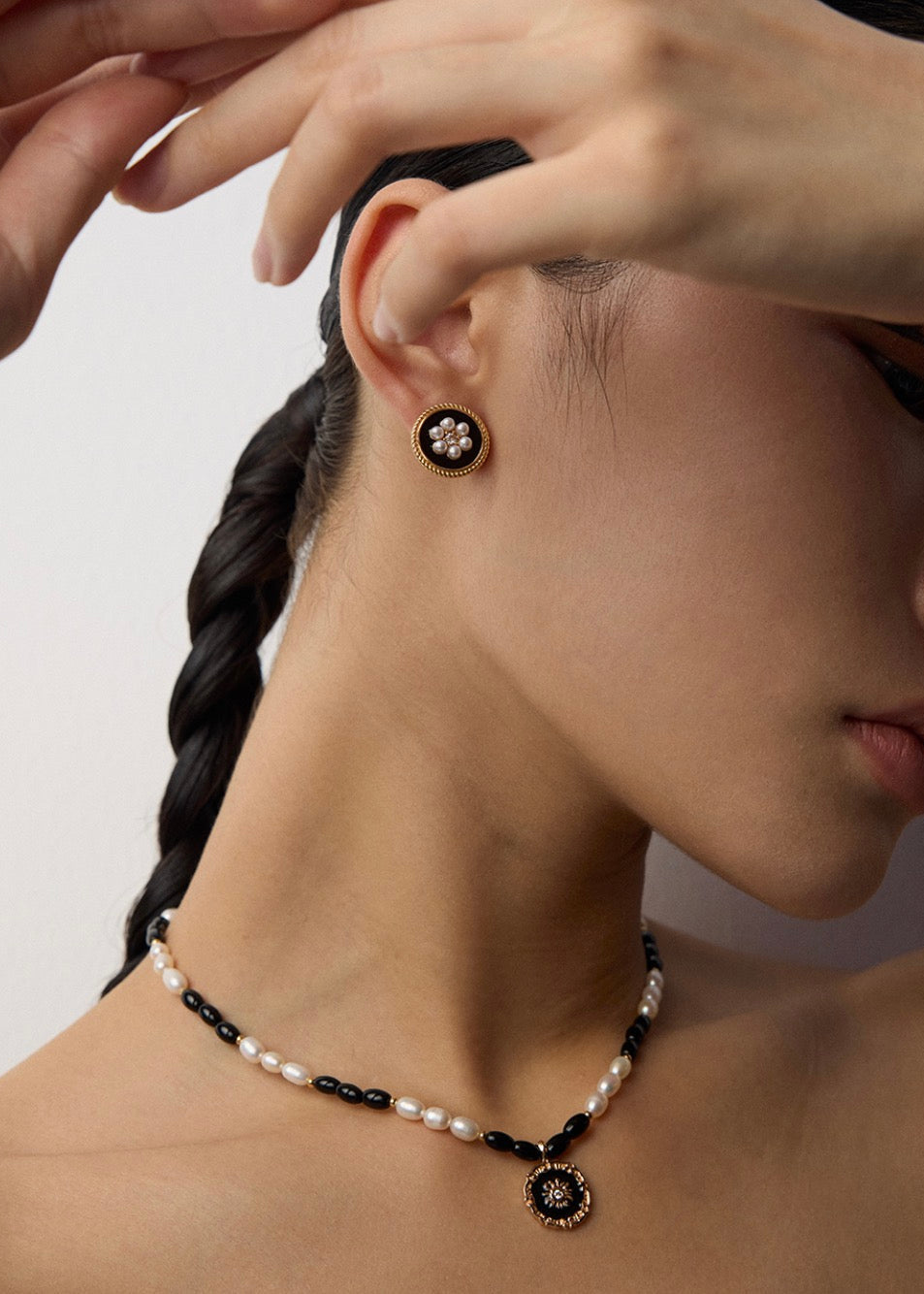 Natural Pearl, Black Onyx & Enamel Pendant Necklace | S925 Sterling Silver