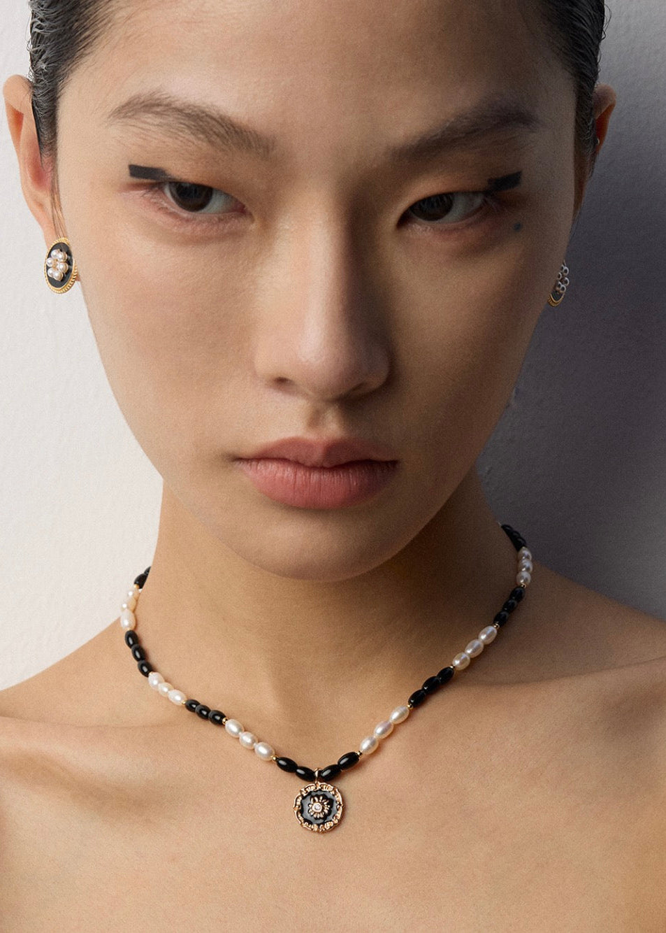 Natural Pearl, Black Onyx & Enamel Pendant Necklace | S925 Sterling Silver