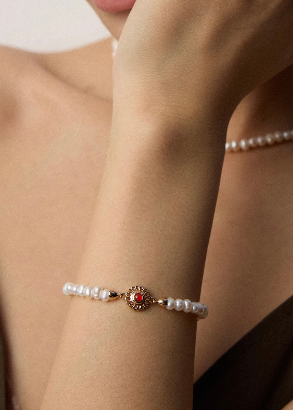 Natural Pearl & Red Agate Bracelet