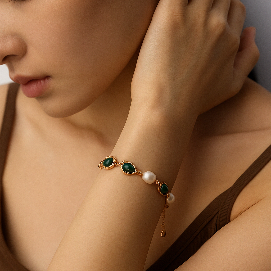 Solara natural pearl, malachite, 925 sterling silver bracelet on neutral background