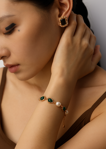 Natural Pearl, Malachite Bracelet | S925 Sterling Silver